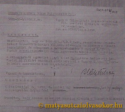 A Mátyás Utcai Olvasókör 1950-es megszüntetéséről szóló határozat.